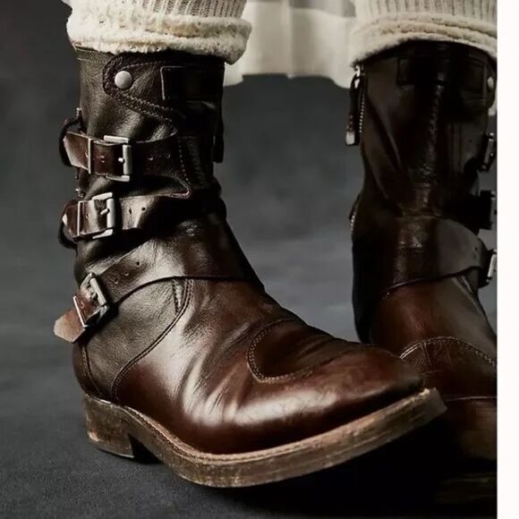 Free People We the Free Dusty Buckle Boots Leather Motorcycle Ankle Boot US 8